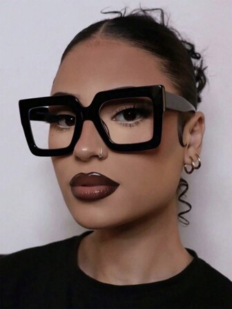 1 Pair Women's Black Square Plastic Frame Street Style Modern Retro Fashion Flat Top Glasses, Suitable For Dates, Library, Reading, Writing, Casual Outfits