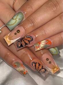 一盒24片中号方形指甲，绿色和橙色渐变，蝴蝶和金色手绘细节，按压式指甲套装，含指甲锉和果冻胶，适合所有女性，展现自然艺术风格，适合日常、旅行和特殊场合，提升指尖优雅气质。美甲用品 指甲 - 彩色 - 查看 1