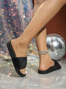 roulvxiang New Bestselling Women's Casual Home/Outdoor Slippers, Beach Sandals Suitable For Water, Black Rhinestone Glitter Platform Thick Sole Ladies Slide Sandals