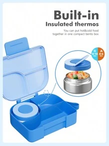 صندوق غداء بينتو مع شوربة حرارية سعة 9 أونصة، حاويات طعام غداء مانعة للتسرب مع 3 حجرات، وعاء طعام ساخن معزول حراريًا للمدرسة والمكتب والسفر والنزهات - الأزرق - مشاهدة 4