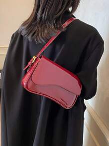 勃艮第包 极简纯色 女士单肩包 翻盖单肩包 法棍包 手提包 腋下包，方形包 一体式 PU 皮革纹理包，漆皮 鳄鱼纹 PU 皮革材质 时尚百搭 优雅性感 适合手提、单肩 工作、商务、通勤、户外、旅行 包包尺寸 27*15*6*，时尚勃艮第包 - 酒紅色 - 查看 5