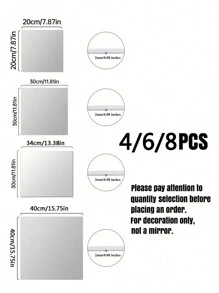 4/6/8 件方形镜面墙贴，2 毫米厚亚克力材质 3D 镜面墙砖，适用于客厅、卧室、厨房、浴室。
