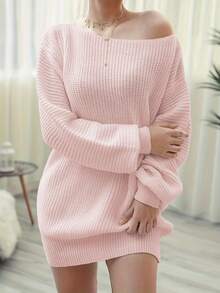 Korean Style Off Shoulder Solid Color Casual Loose Knit Sweater Dress