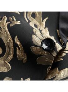 Traje de esmoquin para hombre - Conjunto de 2 piezas de ajuste regular que comprende chaqueta blazer con estampado floral, chaleco y pantalones para bodas y bailes de graduación (Dorado+Negro) - Negro - Ver 6