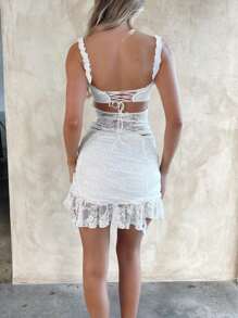 Conjunto de falda para mujer, camisola de encaje con espalda descubierta y minifalda ajustada, atuendo de verano para fiesta y club. - Blanco - Ver 3