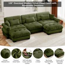Oversized Modular Sectional Sofa, 130 Inch U Shaped Couch Set For Living Room, 3-Seater Comfy Velvet Cloud Couches With Movable Ottoman, Round Bolster Armrest - Green+2 Ottomans - View 3