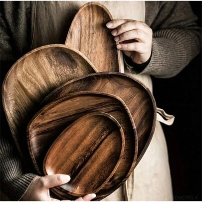 1pc Rosewood Solid Wood Dinner Plate, Wooden Asymmetric Shaped Breakfast Tray, Wooden Dessert Platter, Multi-Function Snack Tray, Decorative Fruit Plate, Washable Food Plate, Coffee Cup & Milk Tray, Tea Cup Tray, Cake Plate, Cheese Plate For Home, Creative Bread Plate, Indoor Decor, Kitchen Food Display Plate