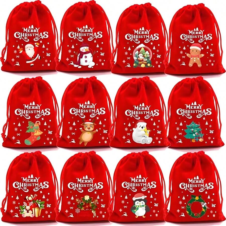 1 bolsa de regalo de Navidad - 1 pieza aleatoria de bolsa de regalo de franela con cordón, bolsa de embalaje de caramelos, 12 piezas (rojo) - Multicolor - Ver 1