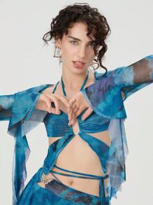 Women's 3 Piece Summer Outfits Long Sleeve Shrug Tops Tie Dye Print Vest Irregular Mini Skirt Set - Blue - View 2