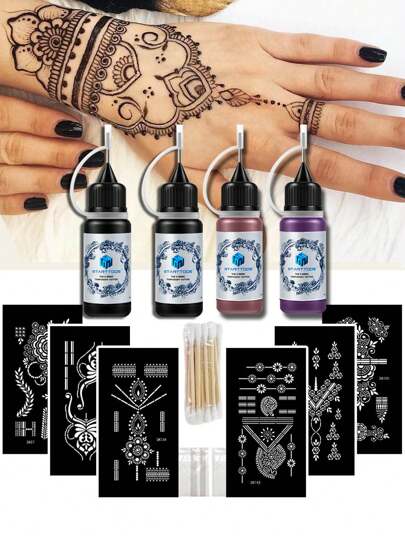 10PCS Haina Hand Drawn Tattoo Sticker Template Dye Paste Semi Permanent Combination Set (6 Tattoo Templates+4 Haina Hand Drawn Tattoo Juice Dye Paste) Haina Bride Elegant Lace Mandala Flower Vine Pattern Finger Wrist Shoulder Neck Collarbone Body Art Natural Haina Waterproof Forced Real And Fake Tattoo Template Set
