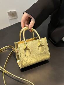 Túi xách mini sơn mài họa tiết hình thoi dành cho nữ năm 2024, Túi đeo vai/đeo chéo đơn giản cá nhân hóa - Vàng - Xem 3