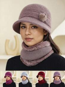 2 cái/bộ: 1 mũ cho bà mẹ trung niên và cao tuổi + 1 khăn quàng cổ, đồ trang trí tua rua lông, mũ len mùa thu/đông và khăn quàng cổ giữ ấm, ấm áp và chống gió để đội hàng ngày - A - Xem 8