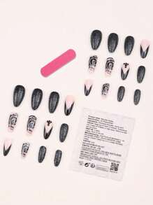 24 Chiếc Dài Đế 3D Hoa Hồng Kim Cương Giả Trang Trí Móng Tay Giả & 1 Tấm Băng & 1 Dũa Móng Tay Ấn Vào móng Tay Dụng Cụ Làm Móng - Nhiều màu - Xem 2
