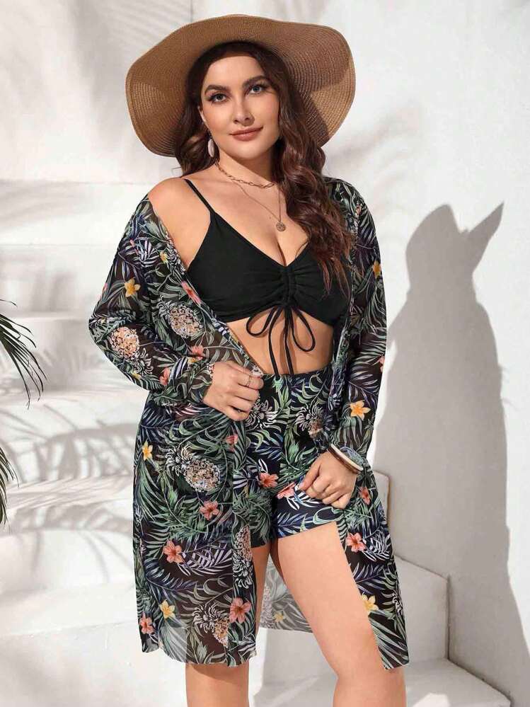Conjunto de traje de baño estampado tropical de talla grande top de tirantes con cordón y kimono de verano para mujer moda 3 piezas - Negro - Añade 3