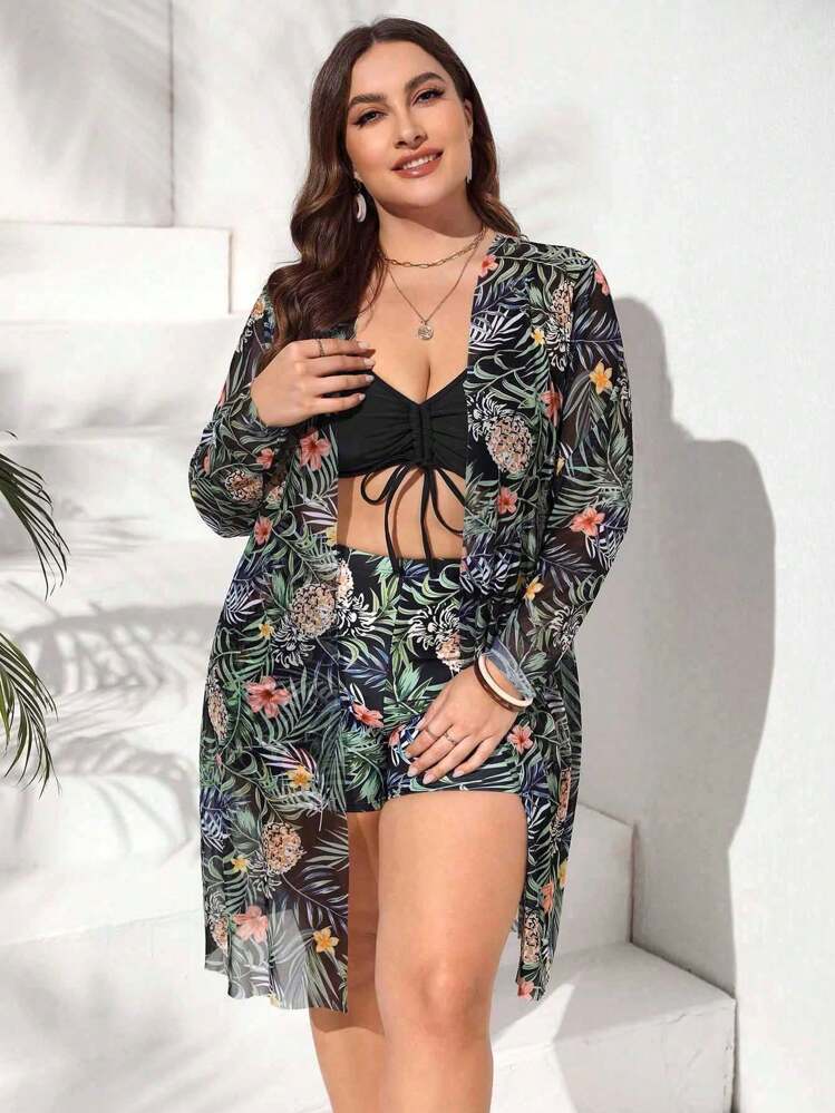 Conjunto de traje de baño estampado tropical de talla grande top de tirantes con cordón y kimono de verano para mujer moda 3 piezas - Negro - Añade 4