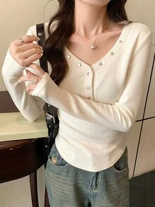 Áo thun dài tay cổ chữ V dáng ôm, vạt không đối xứng, phong cách thường ngày mùa xuân. - Màu be - Xem 5