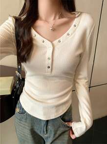 Áo thun dài tay cổ chữ V dáng ôm, vạt không đối xứng, phong cách thường ngày mùa xuân. - Màu be - Xem 1