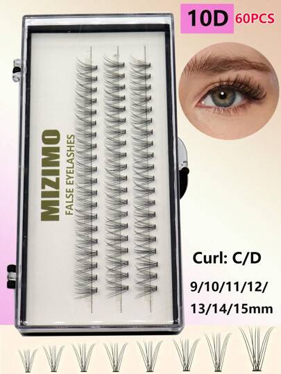 60 cái/gói C/D Curl 10D Lông mi giả màu đen 9-15mm, Cụm lông mi nối dài tự làm, Cụm lông mi, Lông mi riêng lẻ, Lông mi, Lông mi giả
