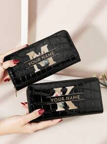 1 pieza Billetera larga personalizada con firma, billetera larga con diseño de firma personalizada, billetera larga con firma personalizada, billetera larga personalizada con firma, versátil monedero largo con cierre, patrón de inicial de la A a la Z, versátil monedero con cierre para tarjetas, portador de tarjetas gráfica con letra, organizador de tarjetas multiuso para almacenar tarjetas de crédito, útiles escolares para la escuela o dormitorio, regalo de San Valentín - Negro - Ver 10