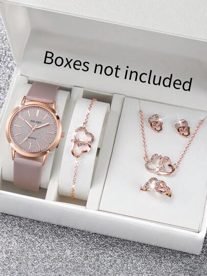 女士皮带时尚简约哑光表盘石英腕表 + 心形首饰套装（6 件/套）作为返校学生的礼物