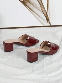 Fashionable Wine Red Glossy High Heel Sandals, Casual Vacation Chunky Heels Slip-On Slippers For Women
