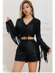 Sequin Tassel Cardigan Long Sleeve Jacket And Shorts Two Piece Set For Shiny Performance - Black - View 1