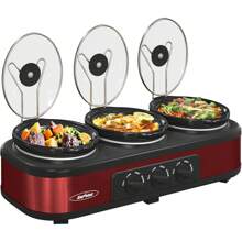Sunvivi Triple Slow Cooker Buffet Servers And Warmer,3 Pot Food Small Mini Manual Slow Cooker With Adjustable Temp Stainless Steel Lid Rests,Removable Ceramic Pot,4.5 QT Red - US A Type Plug(110-127V) - View 1
