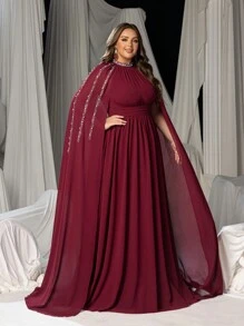 Faeriesty Plus Elegant Rhinestone Detail Mock Neck Chiffon Formal Cape Dress, Party Dress, Wedding Guest Dress, Evening Dress - Burgundy - View 7