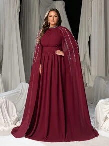 Faeriesty Plus Elegant Rhinestone Detail Mock Neck Chiffon Formal Cape Dress, Party Dress, Wedding Guest Dress, Evening Dress - Burgundy - View 2