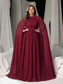 Faeriesty Plus Elegant Rhinestone Detail Mock Neck Chiffon Formal Cape Dress, Party Dress, Wedding Guest Dress, Evening Dress - Burgundy - View 6