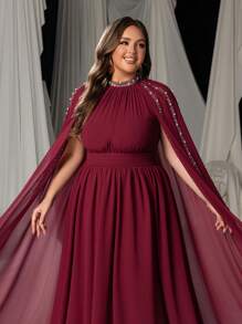Faeriesty Plus Elegant Rhinestone Detail Mock Neck Chiffon Formal Cape Dress, Party Dress, Wedding Guest Dress, Evening Dress - Burgundy - View 8