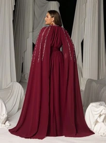 Faeriesty Plus Elegant Rhinestone Detail Mock Neck Chiffon Formal Cape Dress, Party Dress, Wedding Guest Dress, Evening Dress - Burgundy - View 3