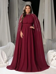 Faeriesty Plus Elegant Rhinestone Detail Mock Neck Chiffon Formal Cape Dress, Party Dress, Wedding Guest Dress, Evening Dress - Burgundy - View 5