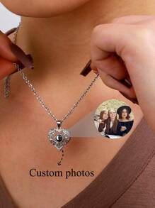 Custom Photo Projection Necklace, "I Love You" Heart Shape Personalized Photo Jewelry Gift For Mother Valentines - Silver - View 1