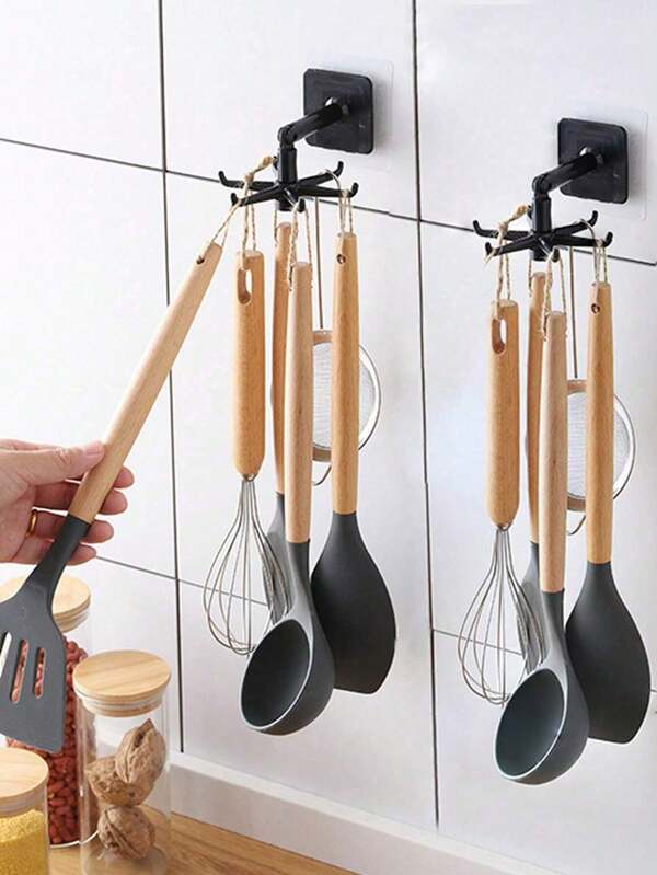 1/2pcs Creative 360° Rotating Wall Mounted Hooks With Strong Adhesive, Suitable For Multi-Purpose Kitchen Storage