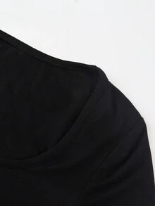 女士方领长袖蕾丝拼接休闲T恤 - 黑色 - 查看 4