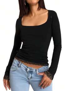 T-shirt décontracté à manches longues avec empiècement en dentelle et encolure carrée pour femme