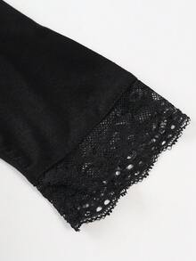 女士方领长袖蕾丝拼接休闲T恤 - 黑色 - 查看 5