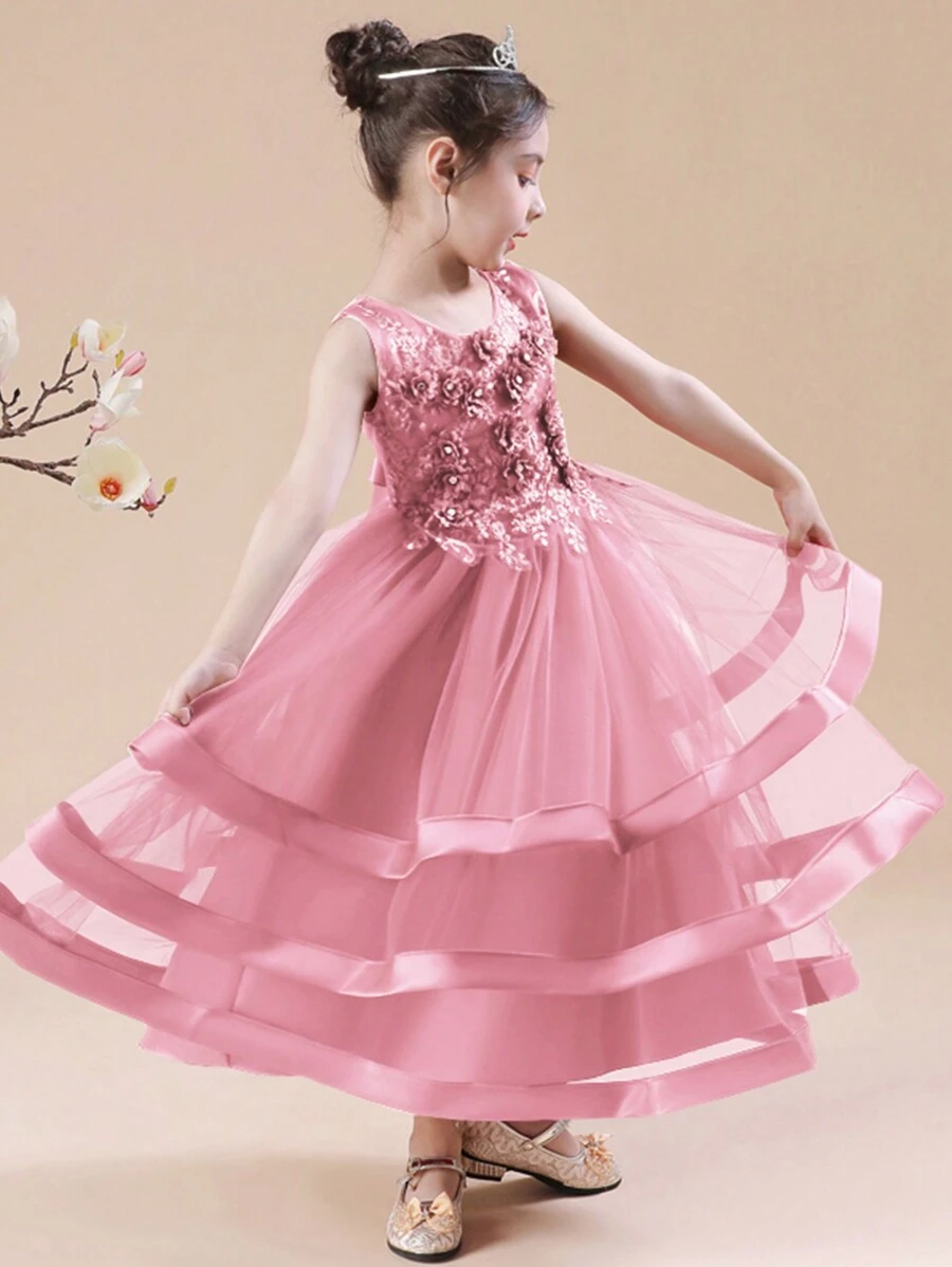 Vestido de princesa sin mangas hecho a mano con cuentas para niñas, vestido de gala formal con parches de satén y encaje, vestido de noche para bodas y actuaciones - Rosa - Ver 1