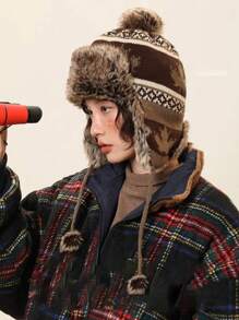 1 件冬季新款保暖内衬护耳帽，枫叶复古提花针织毛绒帽，户外骑行滑雪防风防寒毛绒帽