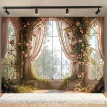 Enchanting Spring Rose Castle Window View Background - Multi Functional Polyester Fabric Suitable For Easter, Birthdays, And Photo Booths, Easy To Hang Design - Multicolor - View 1