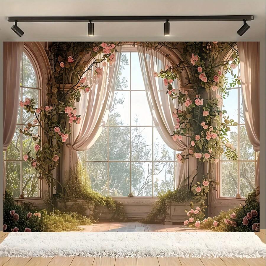 Enchanting Spring Rose Castle Window View Background - Multi Functional Polyester Fabric Suitable For Easter, Birthdays, And Photo Booths, Easy To Hang Design - Multicolor - View 1