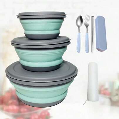 Camping Bowl With Lid, Foldable Silicone Folding Bowl, Lunch Box, Salad Bowl, Retractable Food Storage Container, Bento Box, Travel Camping Office Space Saving Food Container