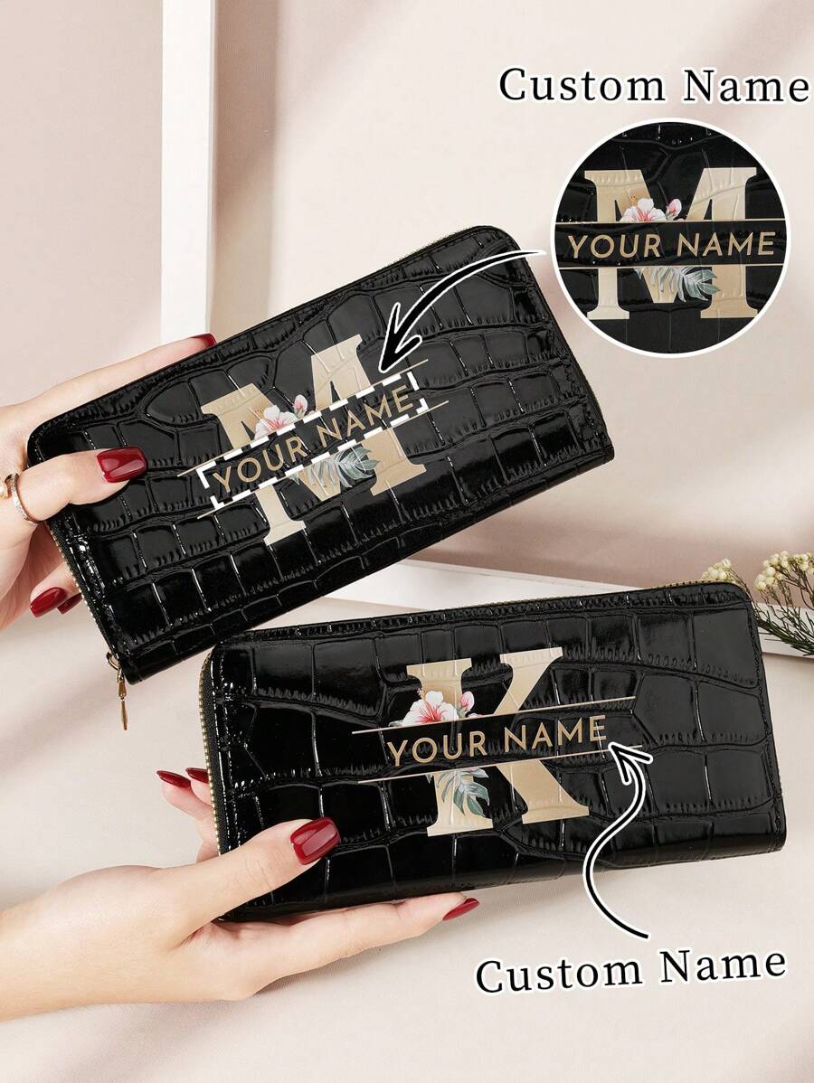 1 pieza Billetera larga personalizada con firma, billetera larga con diseño de firma personalizada, billetera larga con firma personalizada, billetera larga personalizada con firma, versátil monedero largo con cierre, patrón de inicial de la A a la Z, versátil monedero con cierre para tarjetas, portador de tarjetas gráfica con letra, organizador de tarjetas multiuso para almacenar tarjetas de crédito, útiles escolares para la escuela o dormitorio, regalo de San Valentín - Negro - Ver 1