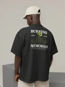 Shirt Oversized T-Shirt Turtleneck Streetwear Men And Women 100% Cotton Urban Style For Training And Everyday Black And Off Whte Printed - BURNING MEMORIES - 黑色 - 查看 1