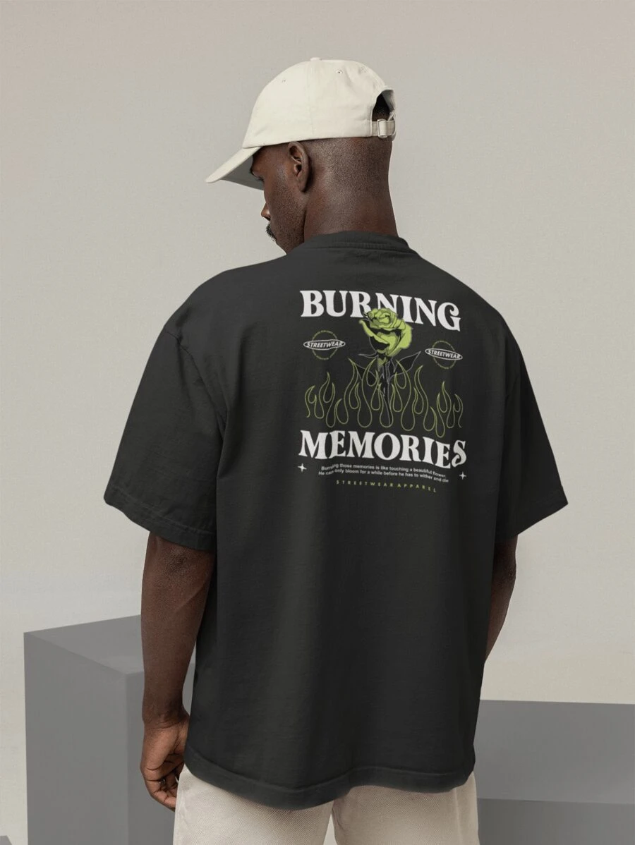 Shirt Oversized T-Shirt Turtleneck Streetwear Men And Women 100% Cotton Urban Style For Training And Everyday Black And Off Whte Printed - BURNING MEMORIES - 黑色 - 查看 1