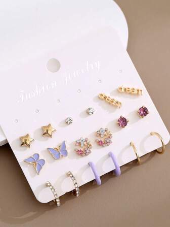 9pairs/set Fashionable Rhinestone & Butterfly Decor Earrings Set For Women For Daily Jewelry Accessories
