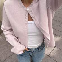 Women's Fall Knit Cardigan Solid Color Long Sleeve One Button Open Front Fitted Sweater - Hồng - Xem 3