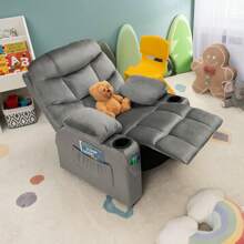 Homasis Kids Youth Recliner Chair Velvet Fabric W/Cup Holder & Side Pocket - Grey - View 3