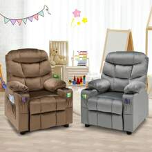 Homasis Kids Youth Recliner Chair Velvet Fabric W/Cup Holder & Side Pocket - Grey - View 4